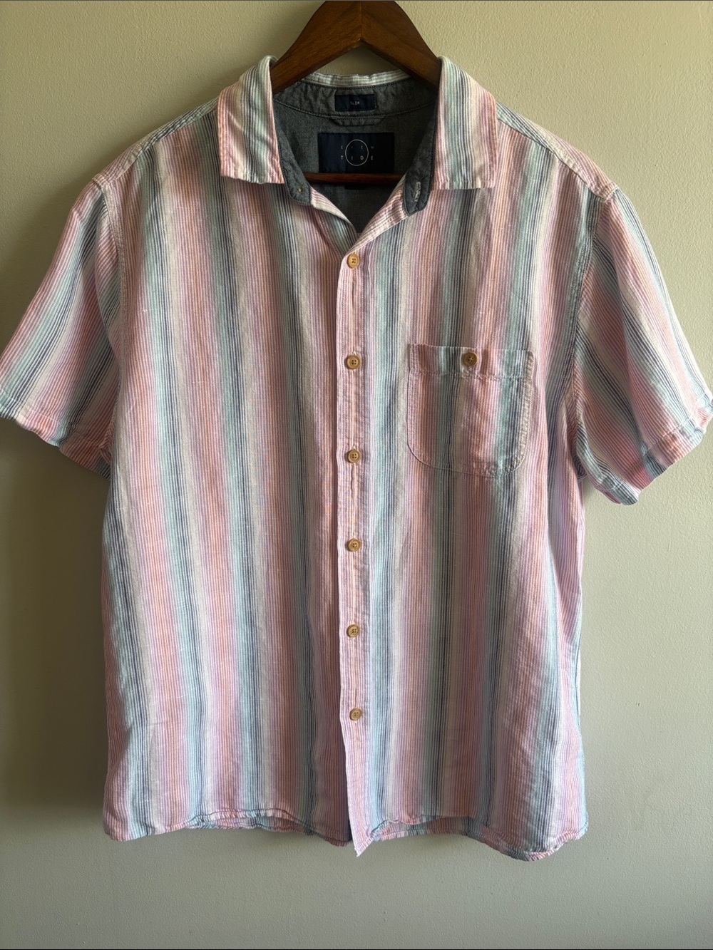 Even Tide Linen Cotton Pastel Stripe Button Up Shirt Men’s Large Slim Fit